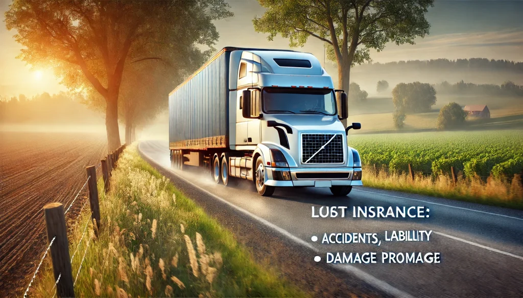 A tractor trailer truck driving on a rural road, highlighting the importance of insurance coverage for accidents, liability, and damage protection in trucking operations.