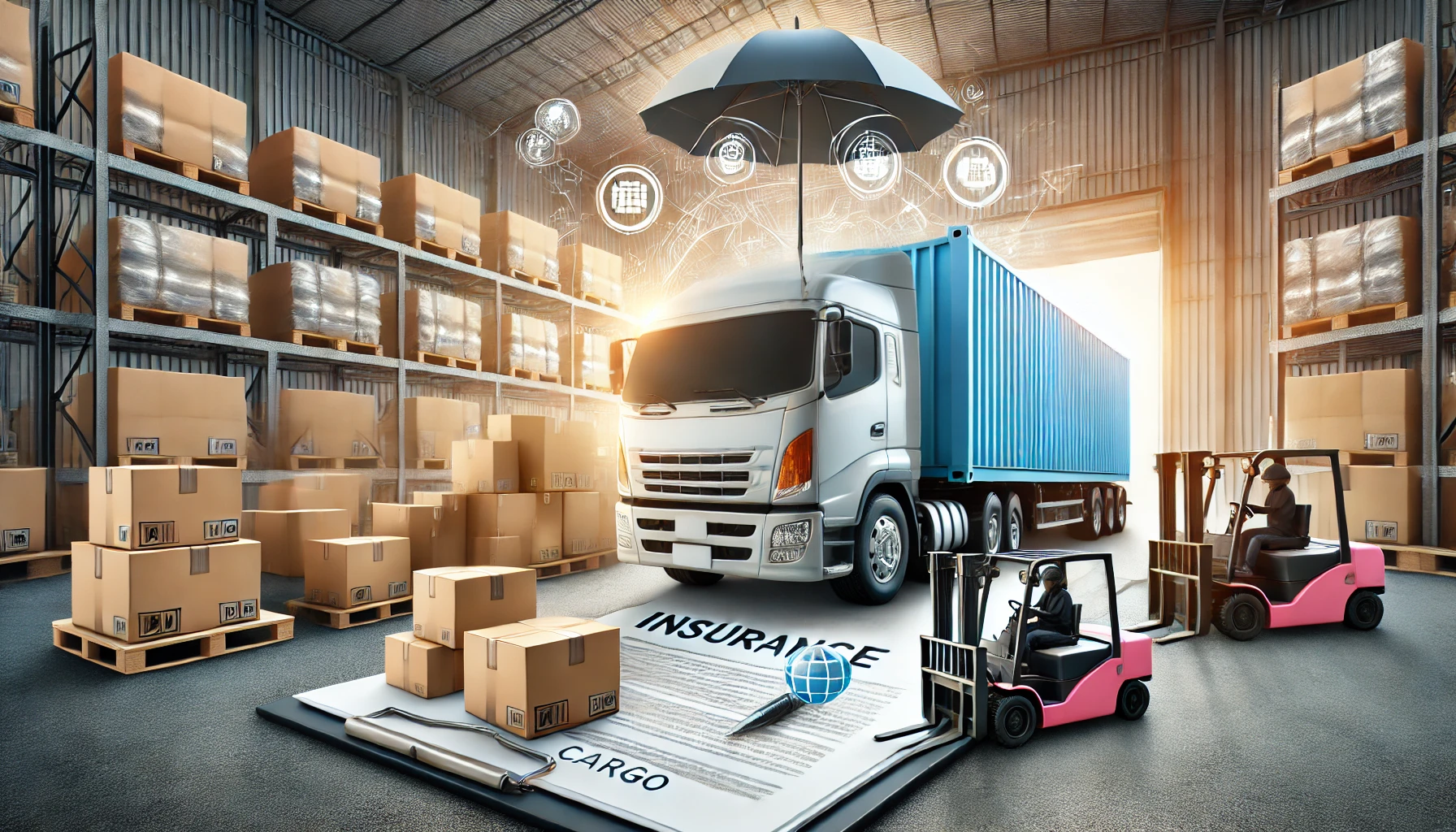 A truck being loaded with cargo in a logistics warehouse, emphasizing the need for Insurance and Transport Cargo Coverage to protect goods during loading and transportation.