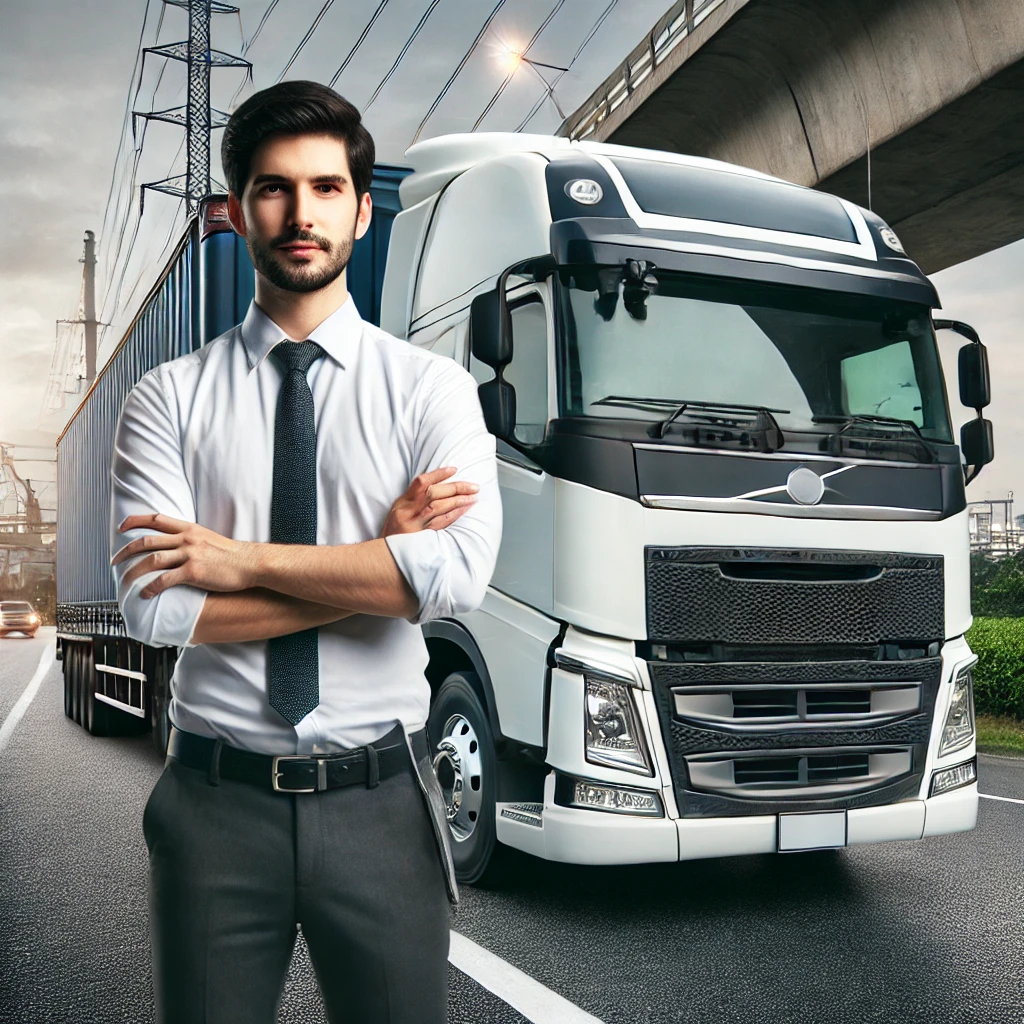 A professional truck driver standing confidently beside a large commercial truck on a busy highway, representing affordable truck insurance for businesses.