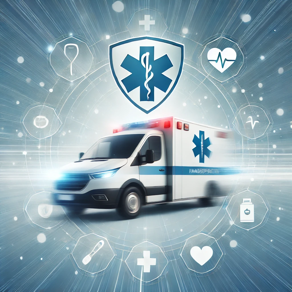 Medical Transportation Insurance Security: Ground ambulance with healthcare symbols for coverage and safety