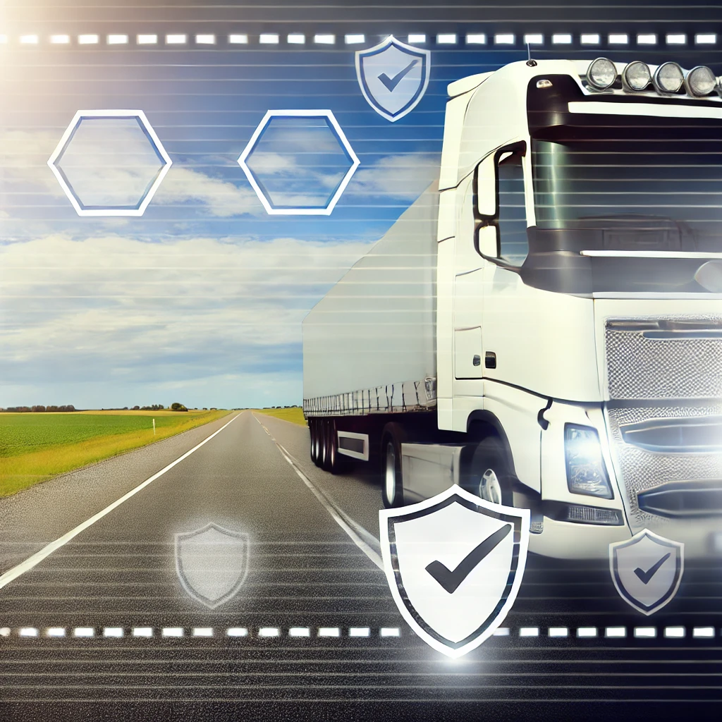 An illustration of a truck and trailer on an open road, representing stability and security, with icons symbolizing protection and insurance.