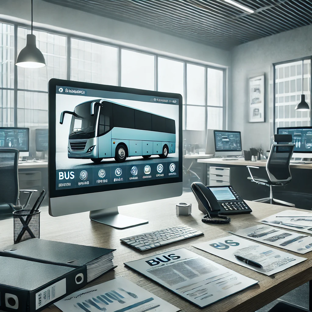 Bus insurance documents and fleet management software displayed on a desk in an office overseeing a fleet of buses.