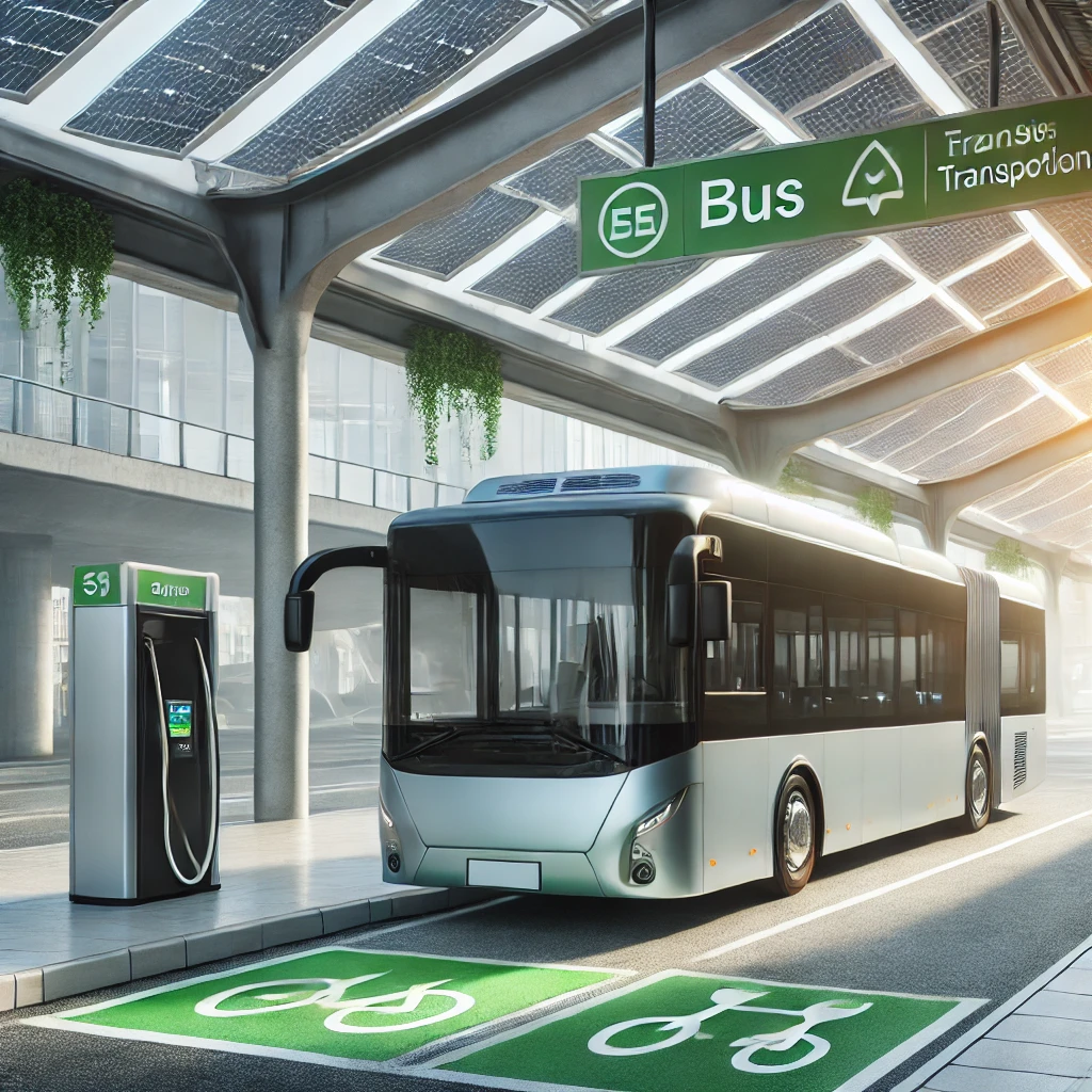 Modern electric bus parked at a bus terminal with solar panels in the background, representing eco-friendly transportation and insurance coverage.