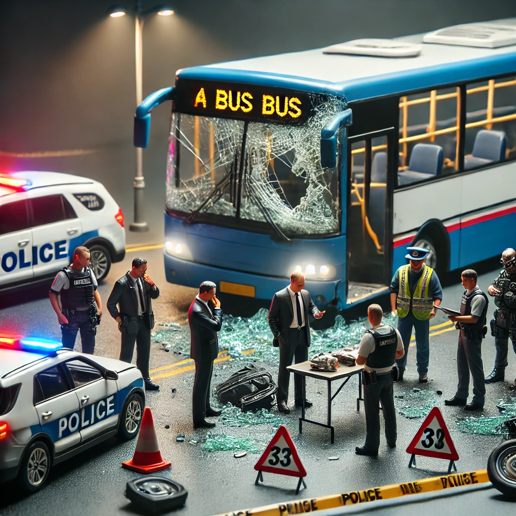 Damaged bus at an accident scene with police and security personnel, while an insurance agent discusses with the bus operator in the background.