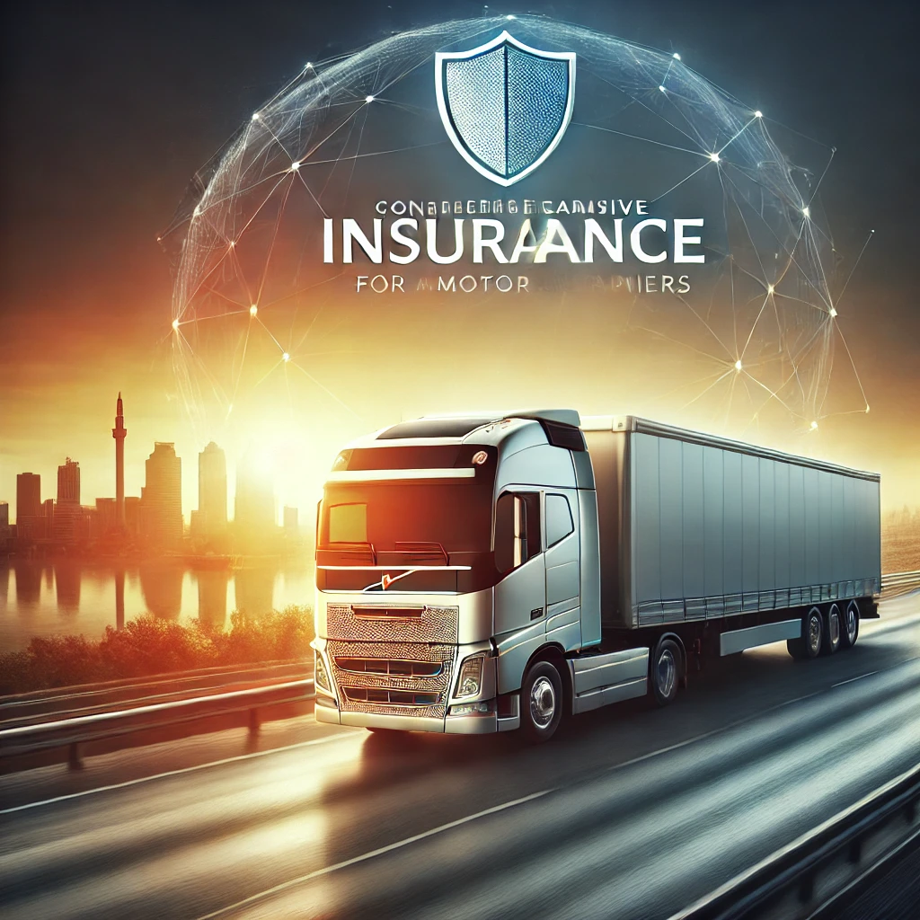 Truck on a highway symbolizing comprehensive motor carrier insurance coverage.