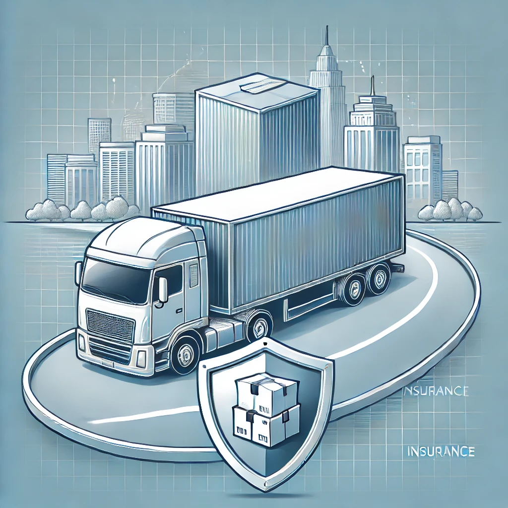 Illustration of a cargo truck in transit with secured boxes, symbolizing safety and protection in cargo liability insurance.