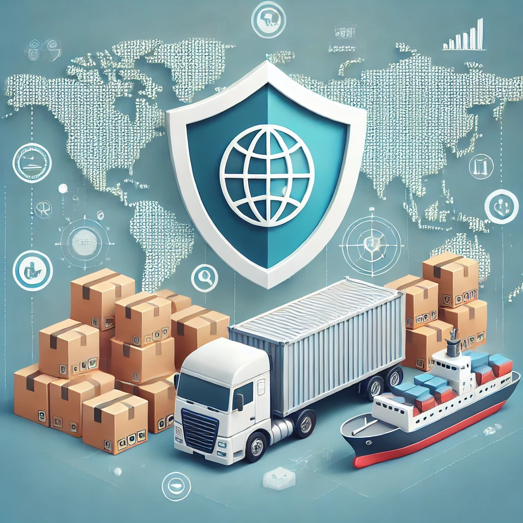 Illustration of secured goods in transit, including boxes and crates on a truck and ship, symbolizing goods insurance policy protection.