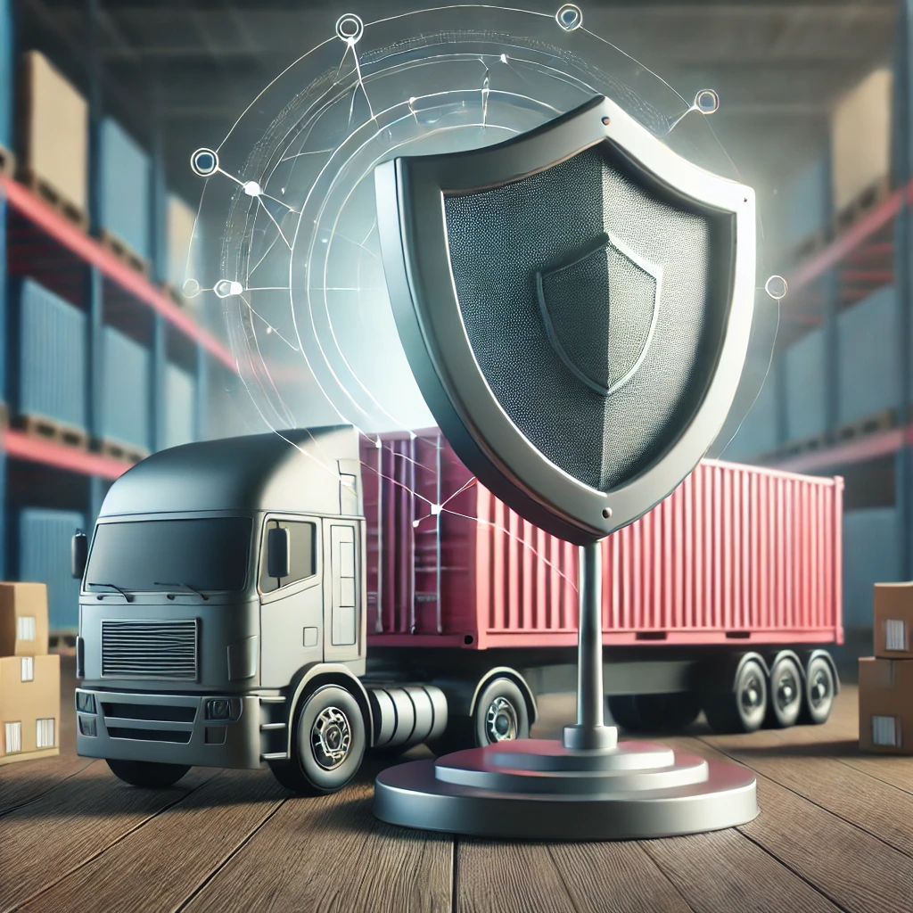 Image of a cargo truck with shipping containers and a shield icon, symbolizing security through cargo liability insurance.