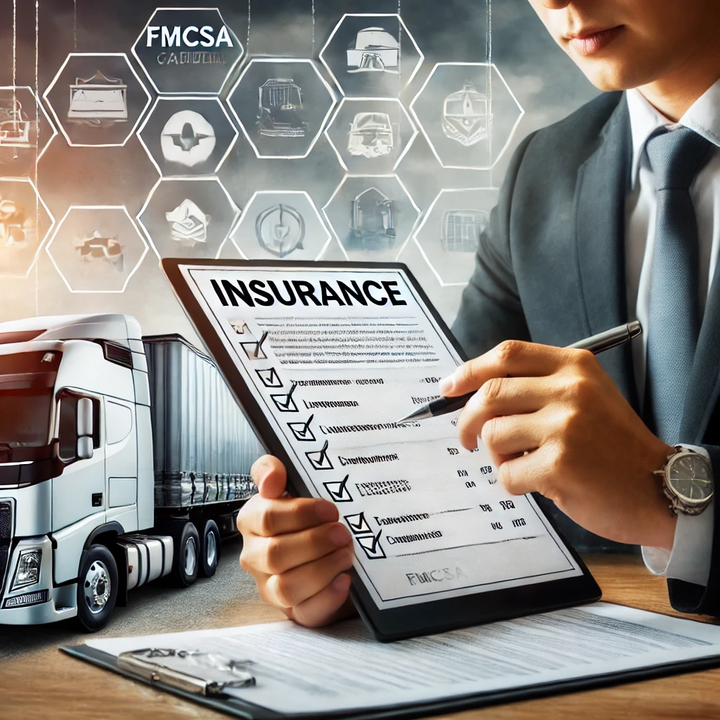 A trucking company manager reviews insurance documents with a checklist of FMCSA insurance requirements displayed on a tablet, symbolizing compliance and safety in trucking.