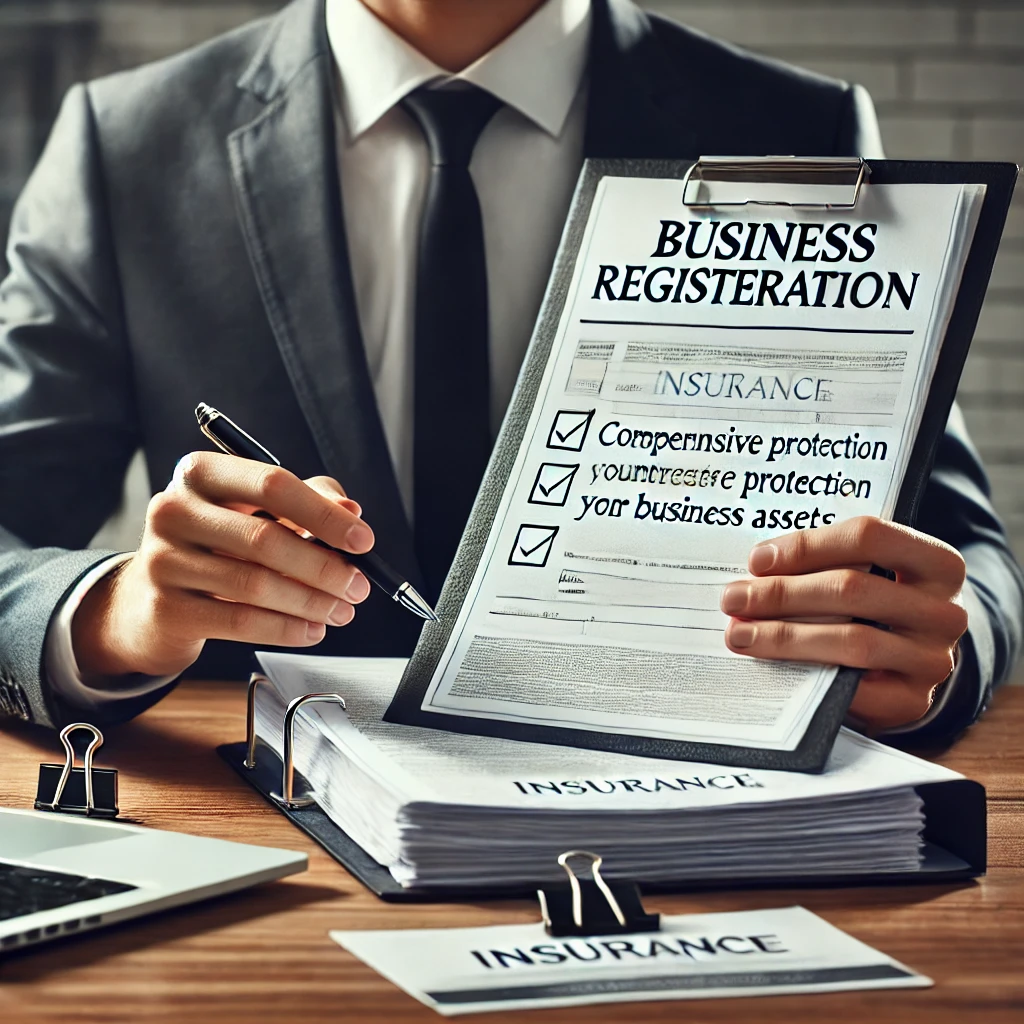 A professional office scene where business registration documents and insurance papers are reviewed, symbolizing comprehensive protection.